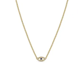 14k Blue Sapphire & Diamond Evil Eye Curb Chain Necklace