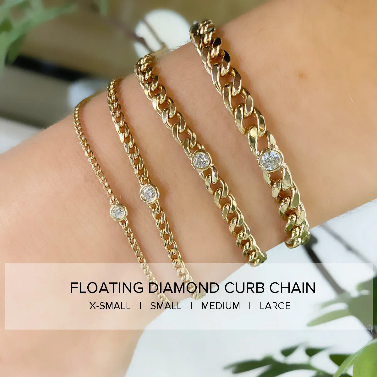 14k Extra Small Curb Chain Bracelet with 5 Floating Diamonds