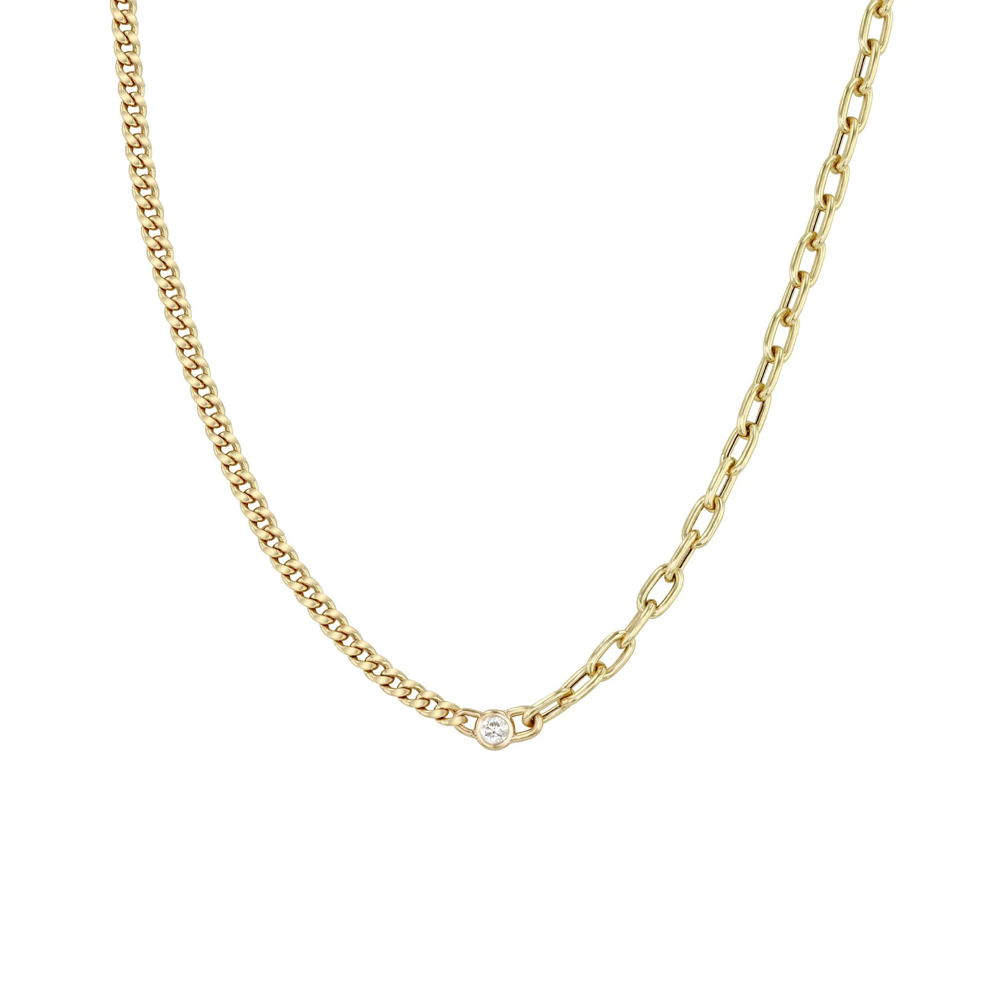 14k Floating Diamond Mixed Small Curb Chain & Medium Square Oval Chain Necklace