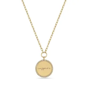 14k Medium inspire Disc with Diamond Border Small Square Oval Chain Necklace