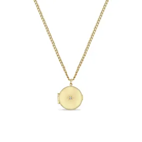 14k Medium Round Diamond Locket Curb Chain Necklace