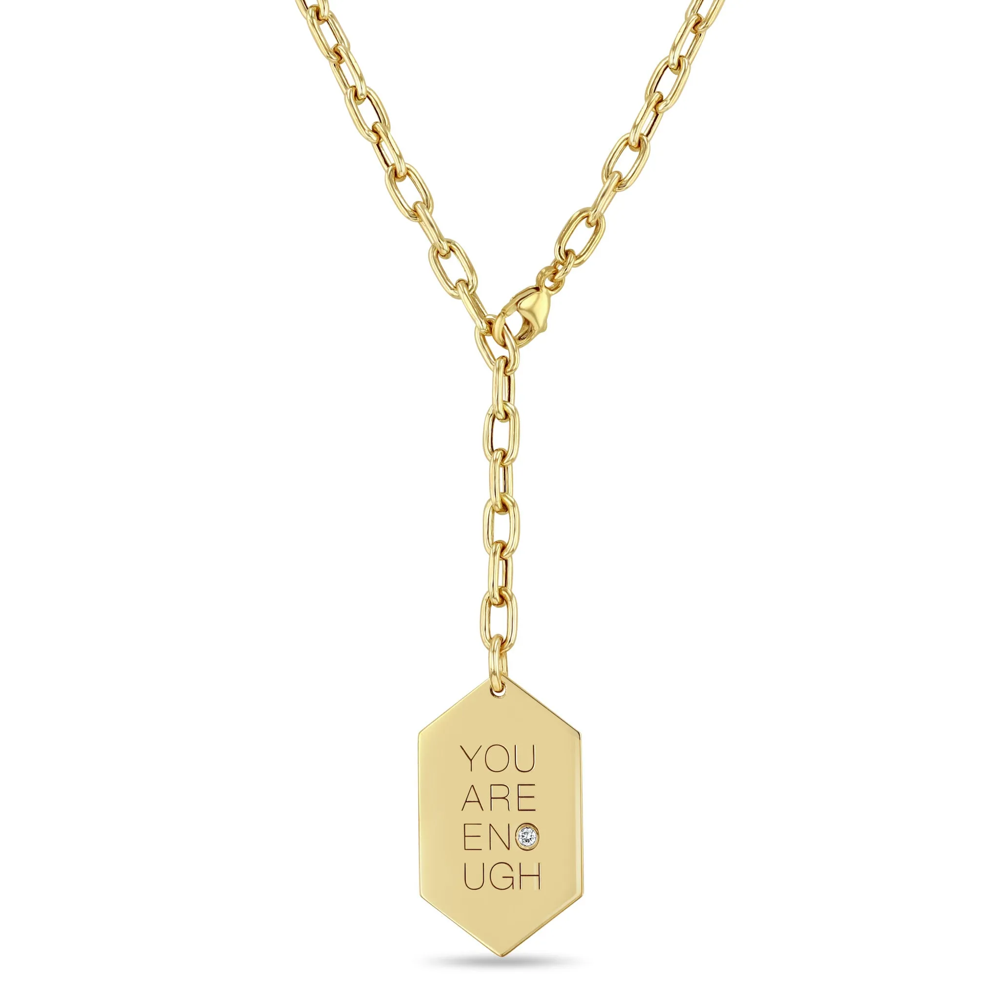 14k Medium You are Enough Elongated Hexagon Pendant on Adjustable Medium Square Oval Chain Necklace