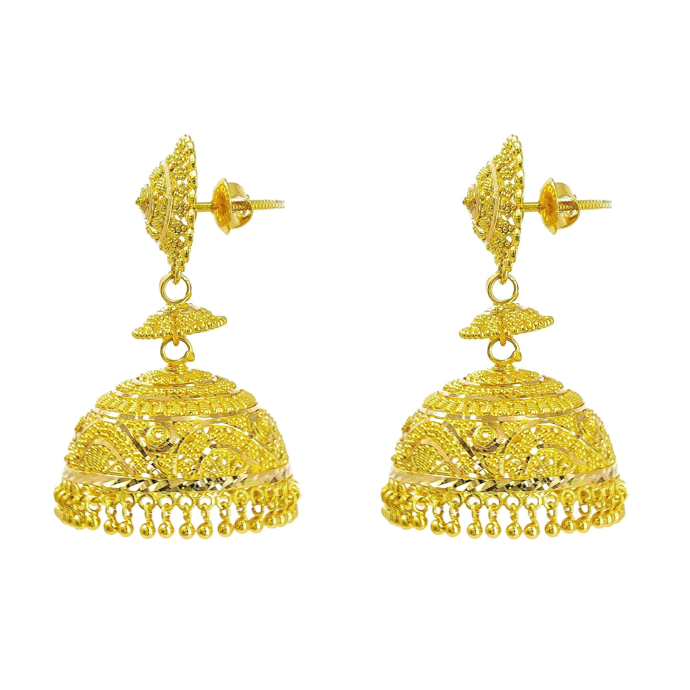 22K Yellow Gold Jhumki Earrings W/ Textured Design & Round Petaled Pendant