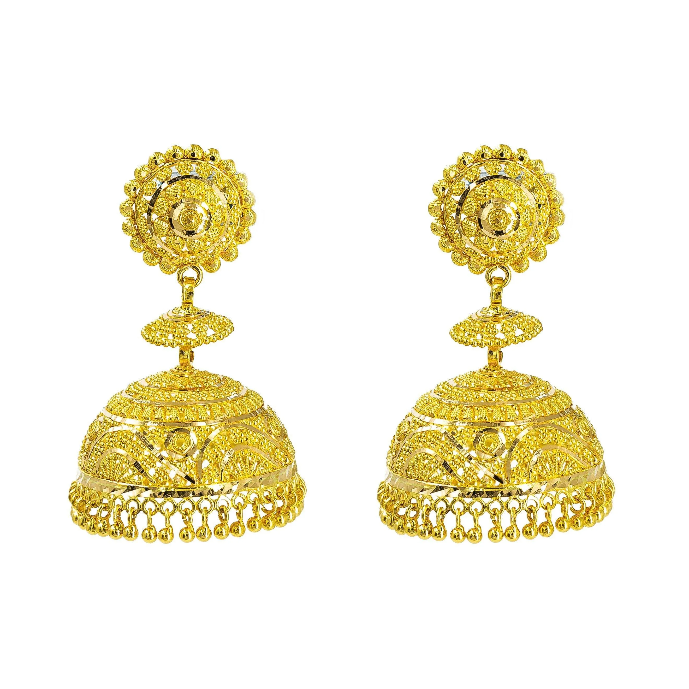 22K Yellow Gold Jhumki Earrings W/ Textured Design & Round Petaled Pendant