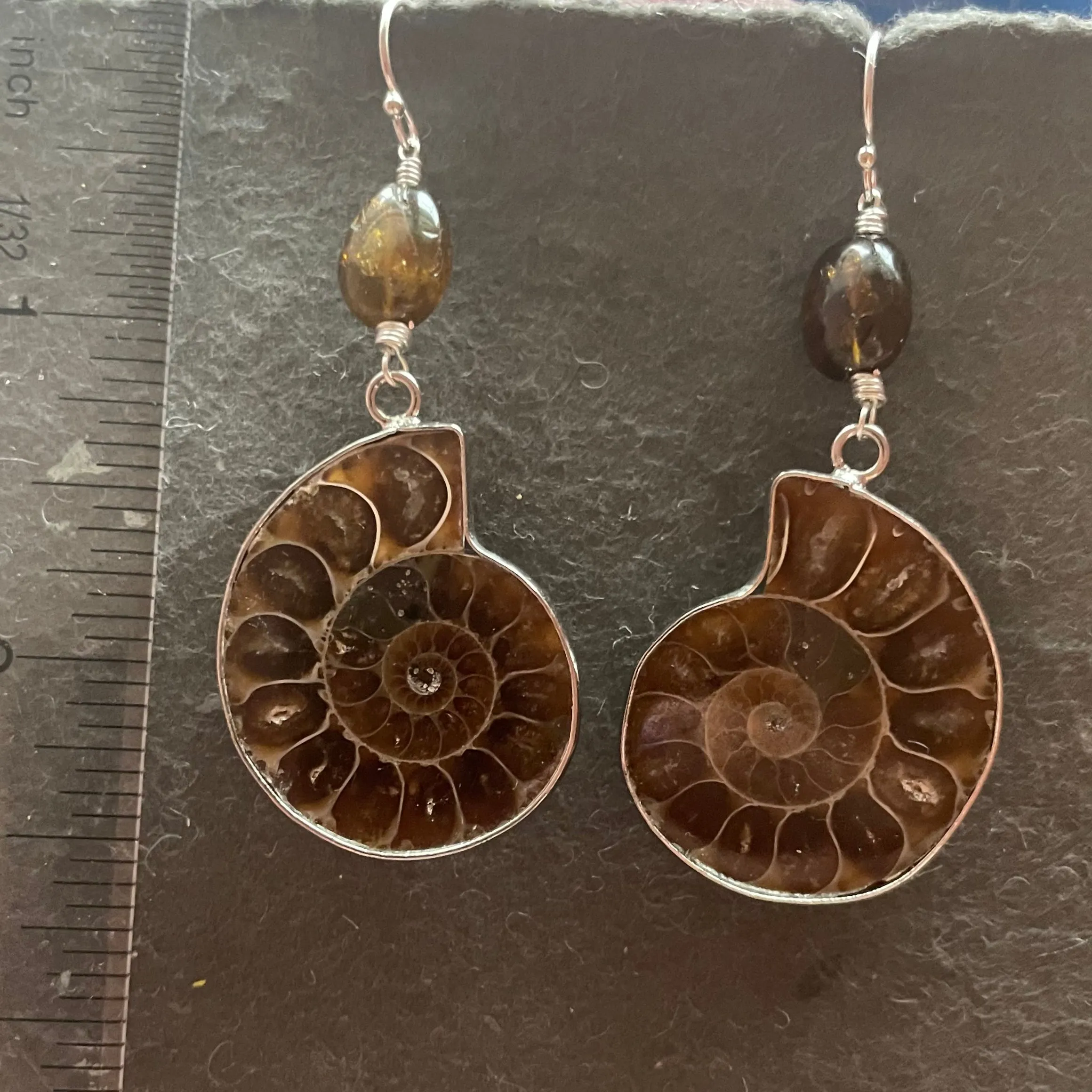 Ammonite Fossil and Tourmaline Earrings