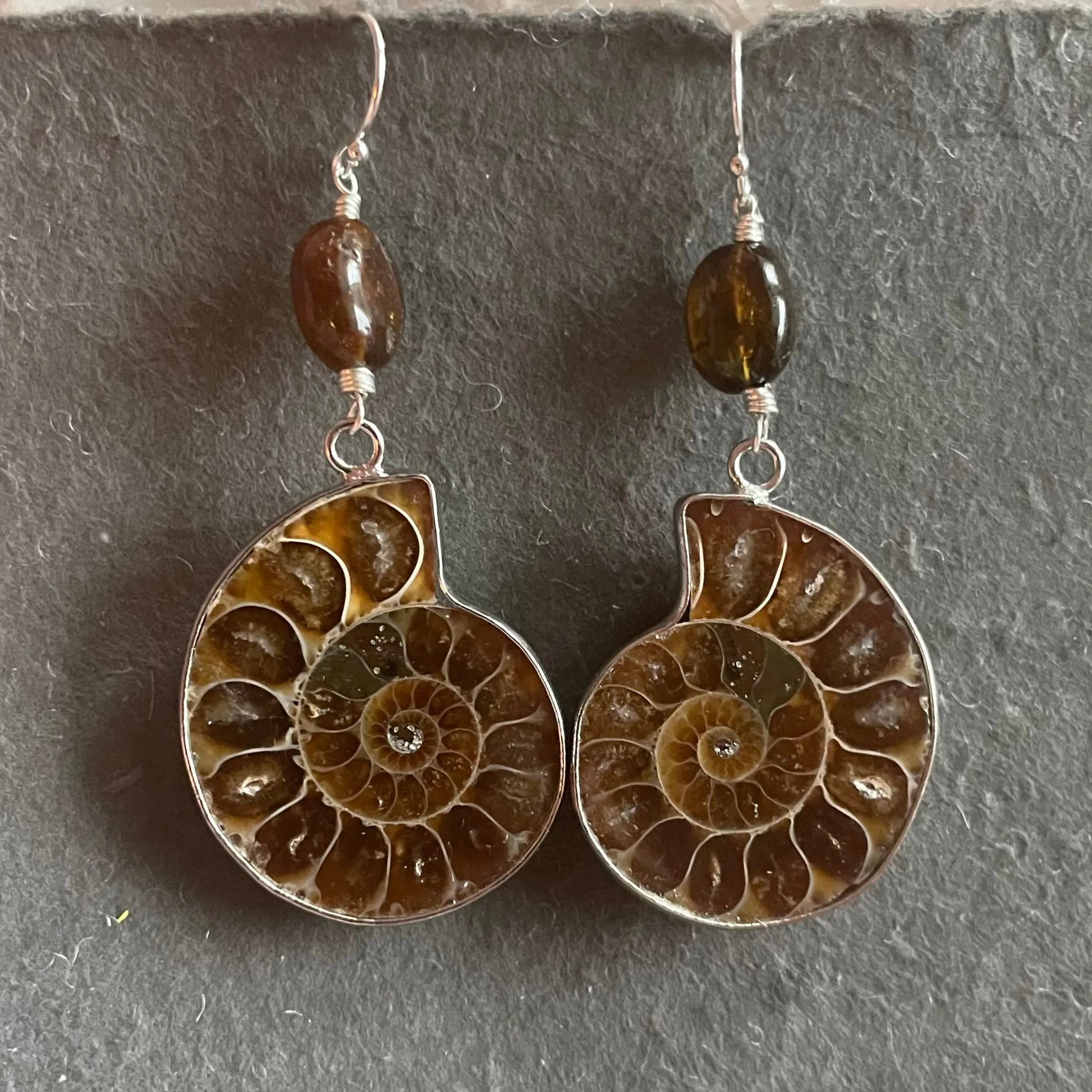 Ammonite Fossil and Tourmaline Earrings