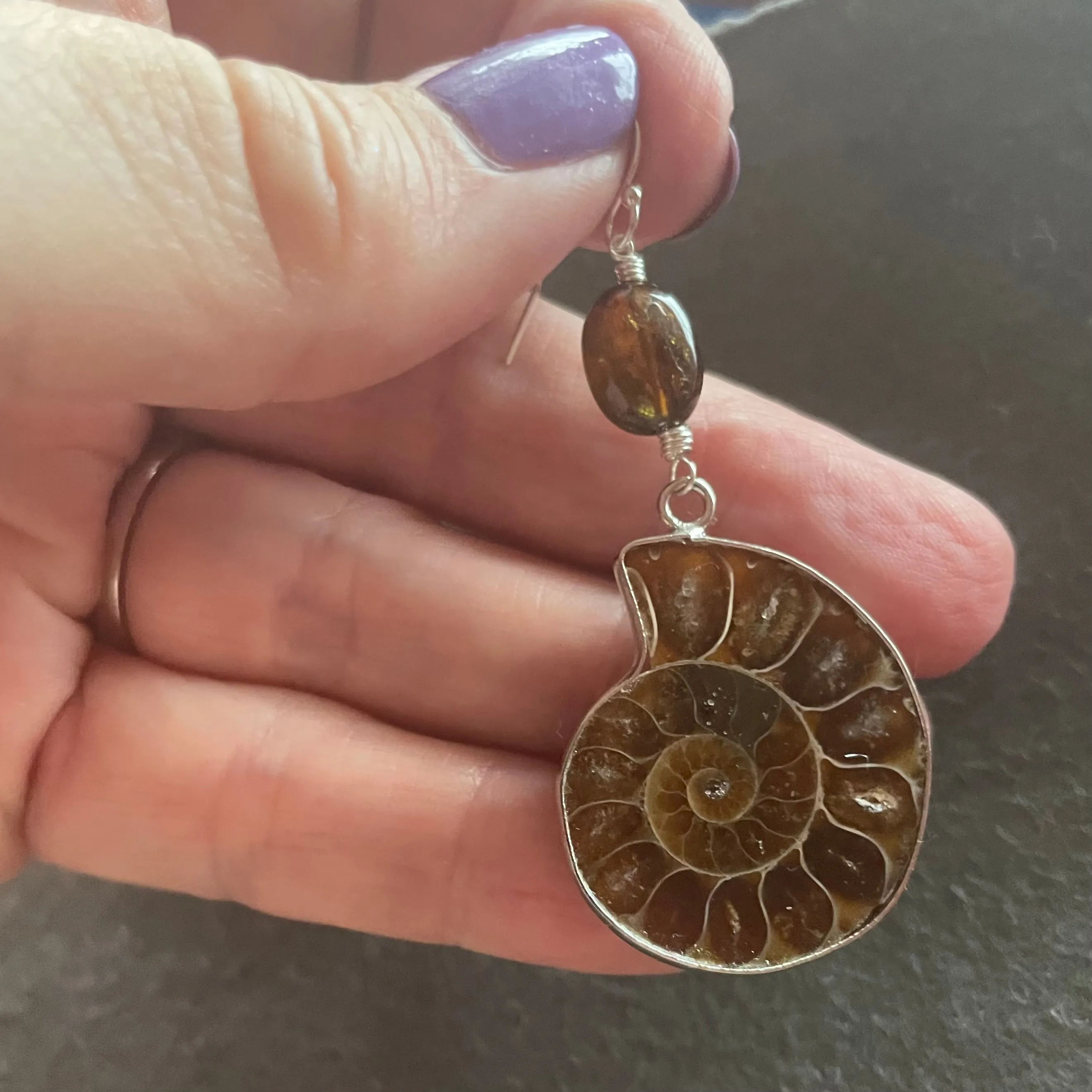 Ammonite Fossil and Tourmaline Earrings