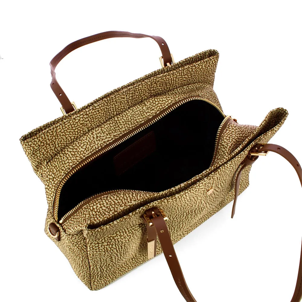 Borsa Shopping a Spalla BORBONESE in Tessuto stampa Op Beige Brown