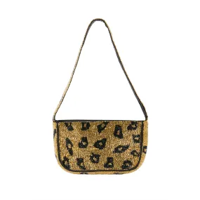 Brown Leopard Beaded Baguette Bag