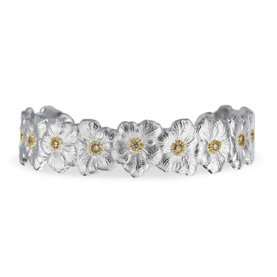 Buccellati - Blossoms Gardenia - Narrow Cuff Bracelet with Brown Diamonds, Sterling Silver