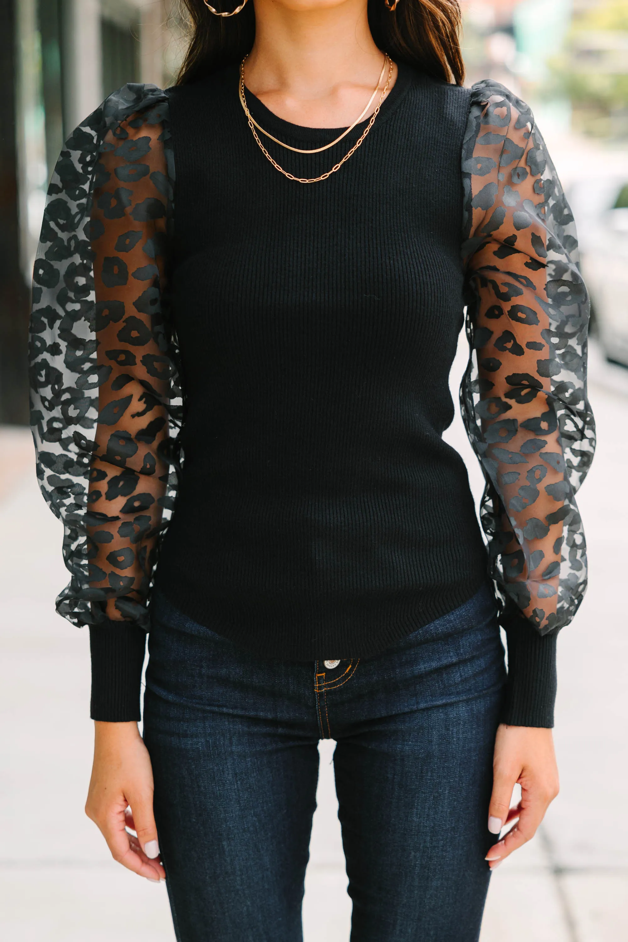 Can't Leave You Now Black Leopard Sleeve Blouse