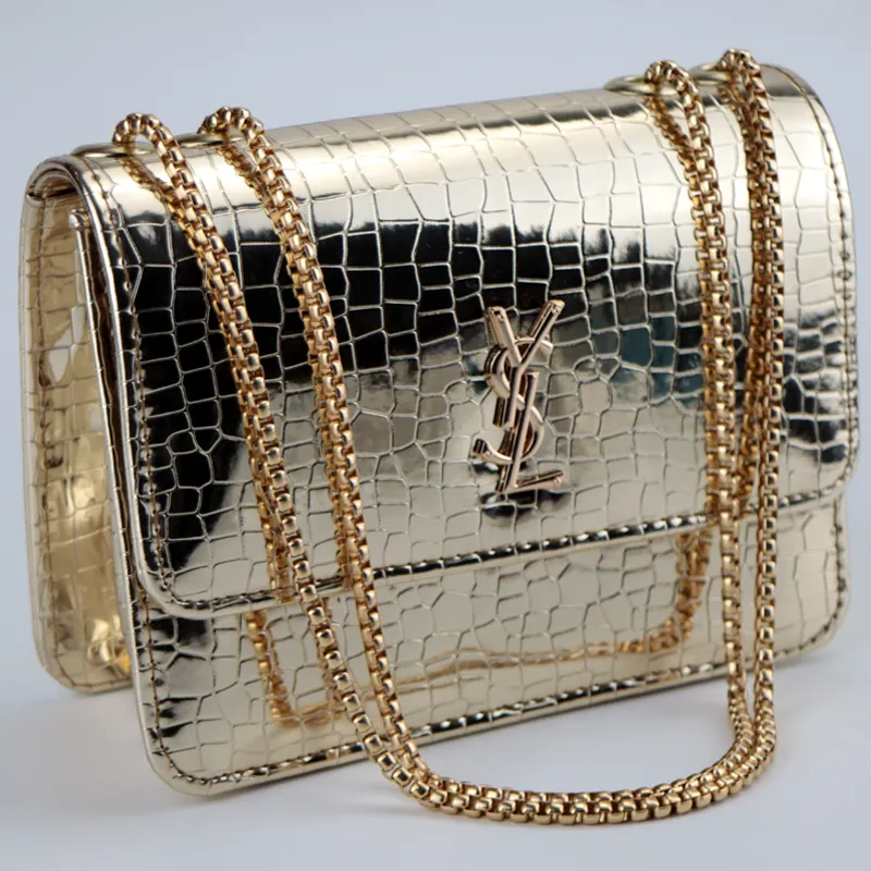 Croc Pattern Metallic Shine Chain Crossbody Bag