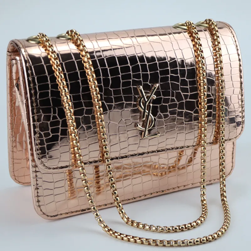 Croc Pattern Metallic Shine Chain Crossbody Bag