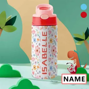 Custom Name Flowers Kids Water Bottle 12OZ Stainless Steel Personalized Drink Cup