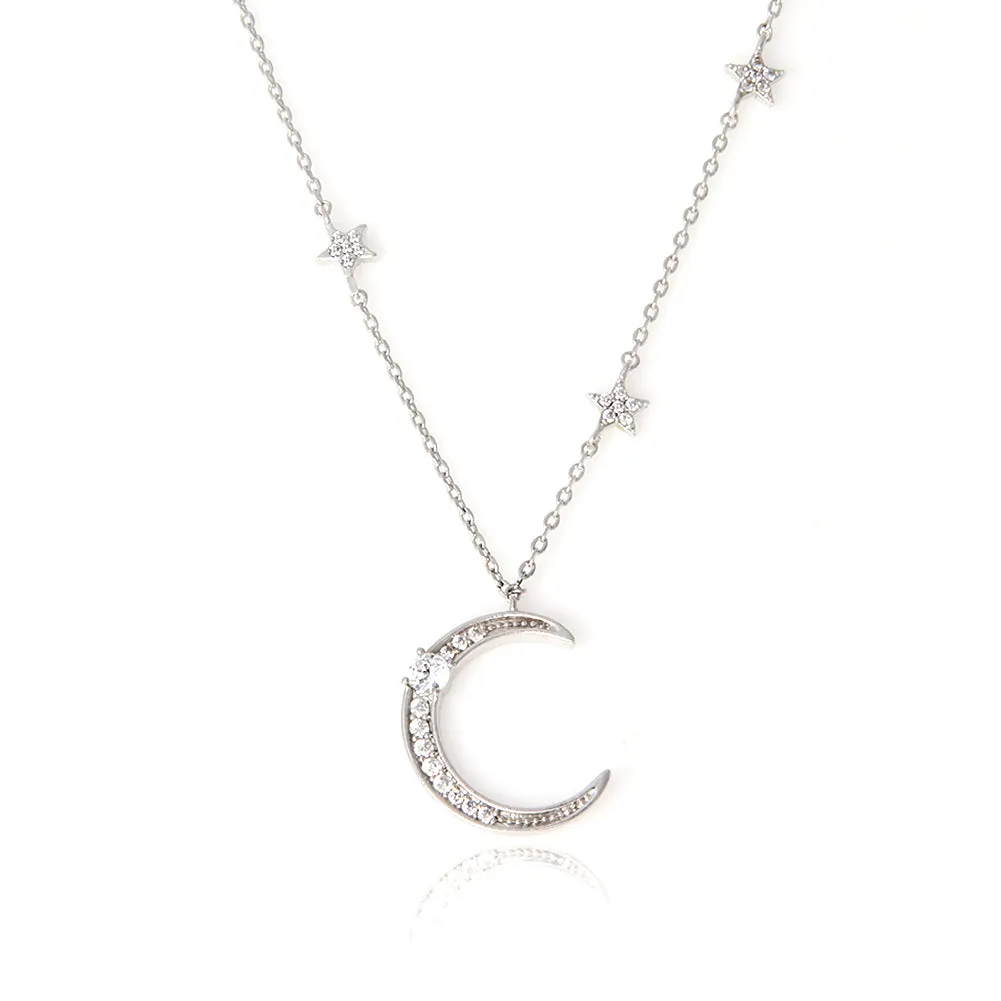 CZ Crescent Moon and Tiny Stars Pendant Long Necklace