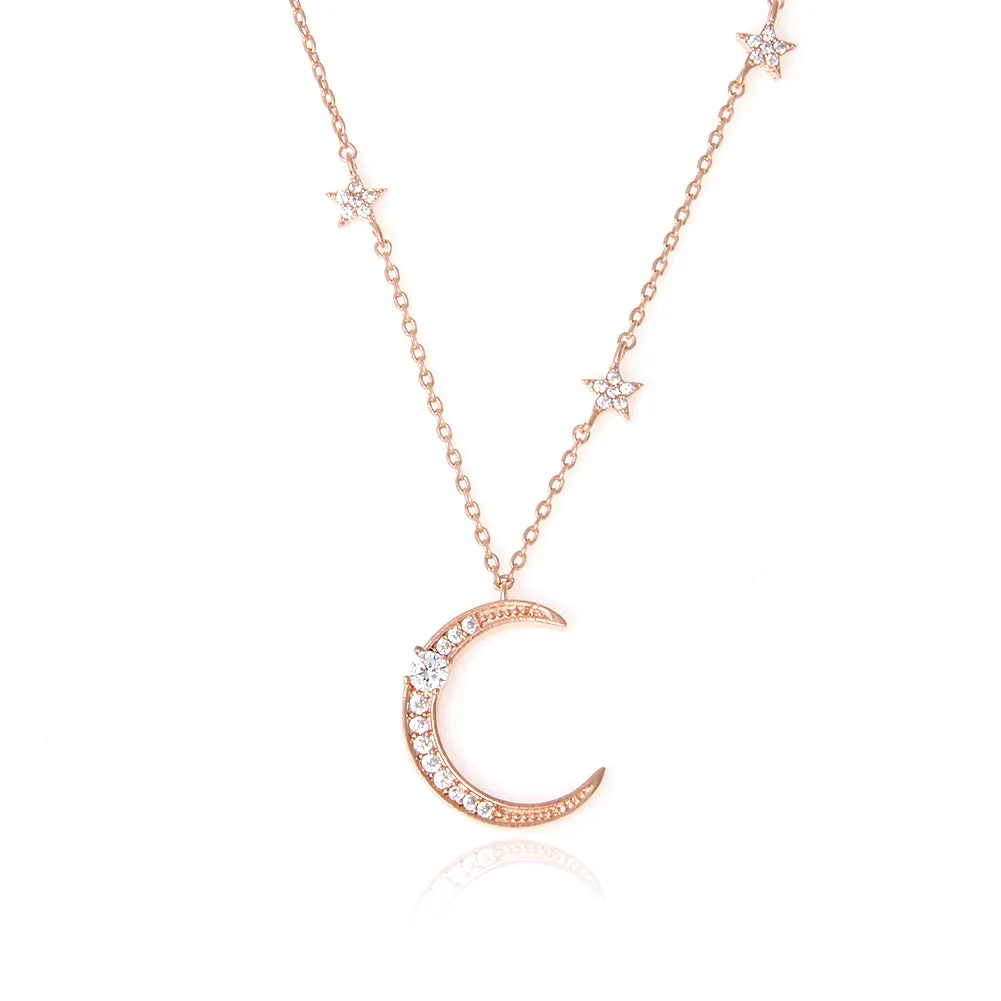 CZ Crescent Moon and Tiny Stars Pendant Long Necklace