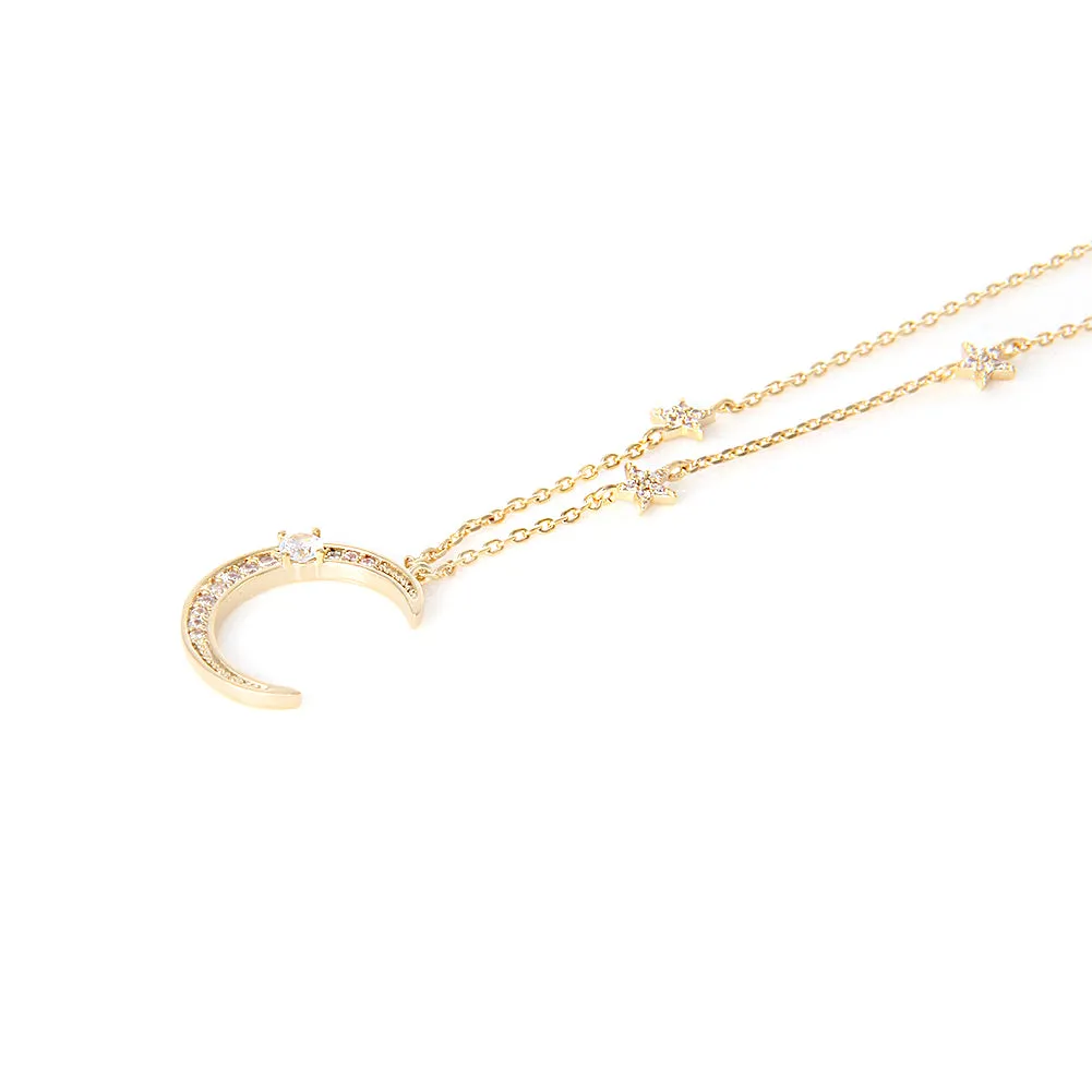 CZ Crescent Moon and Tiny Stars Pendant Long Necklace