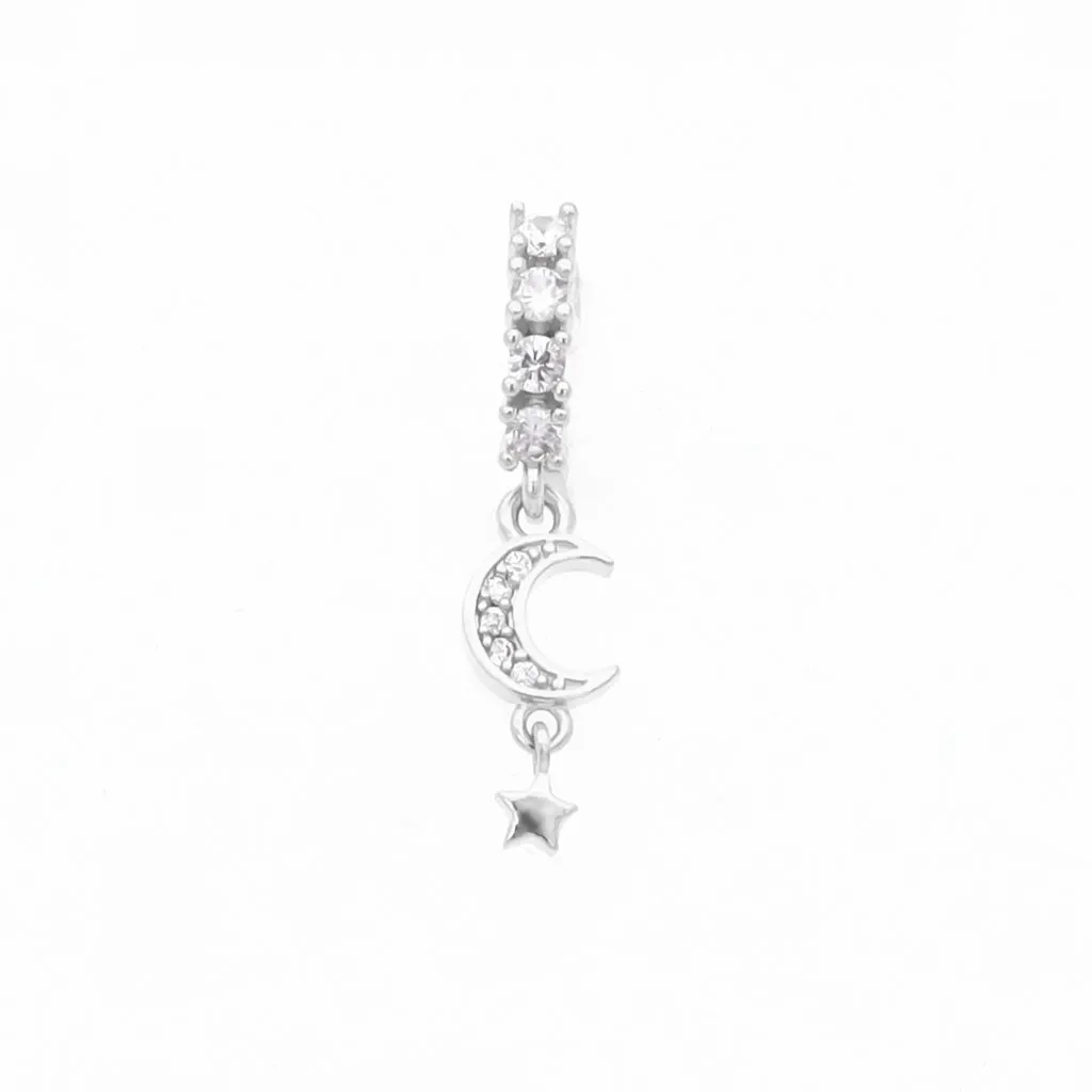 CZ Hoop Nose Ring with Dangle CZ Moon and Star - Silver