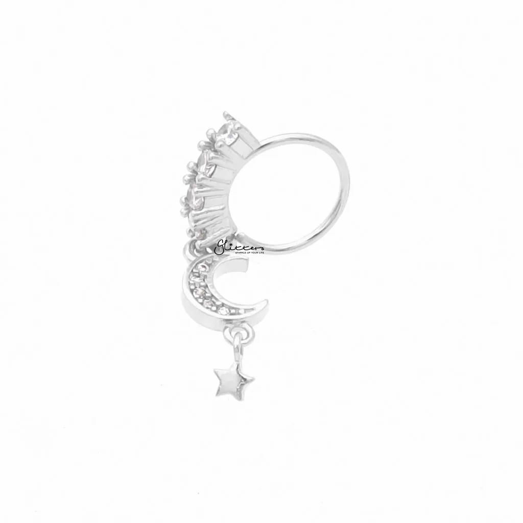 CZ Hoop Nose Ring with Dangle CZ Moon and Star - Silver