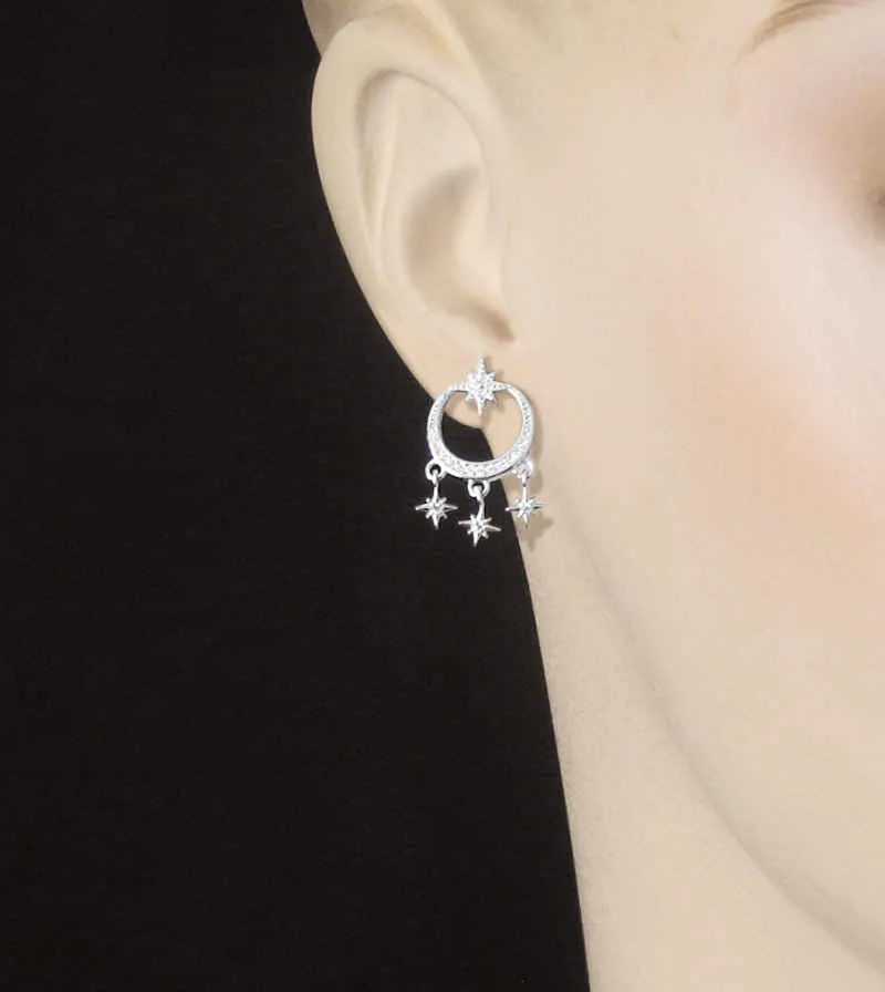 Dazzling Crescent Moon & Hanging Stars Stud Earrings with Crystals