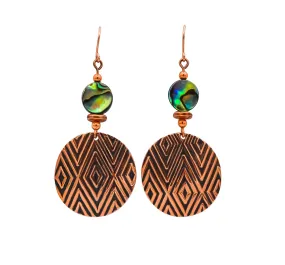 Diamond Hand Roller Printed Copper & Abalone Dangle Earrings