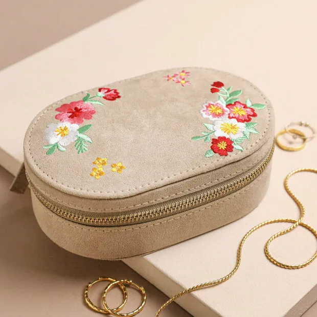 Embroidered Floral Oval Velvet Travel Jewellery Case