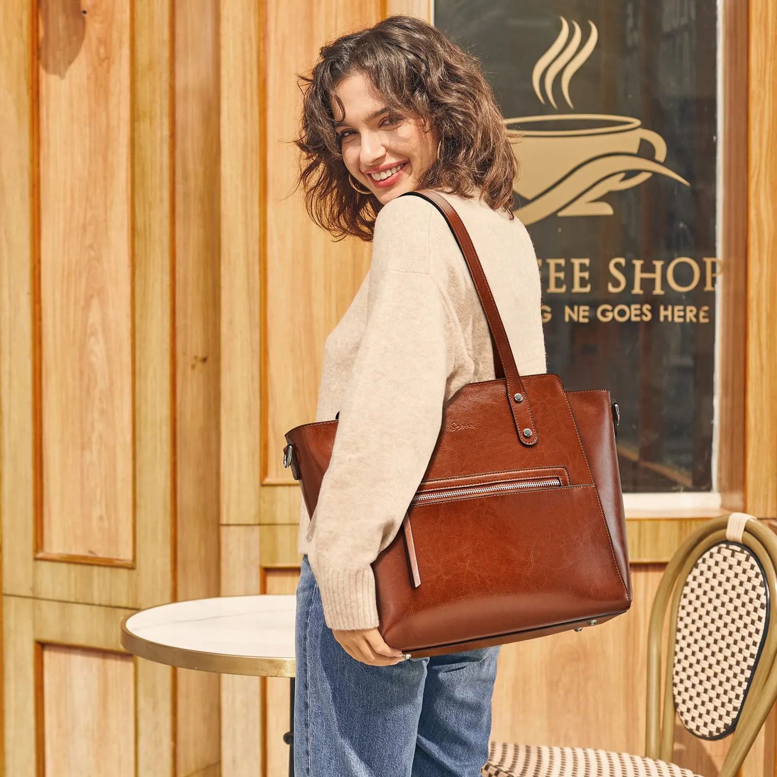 Genuine Leather Tote Bag With Luggage Sleeve