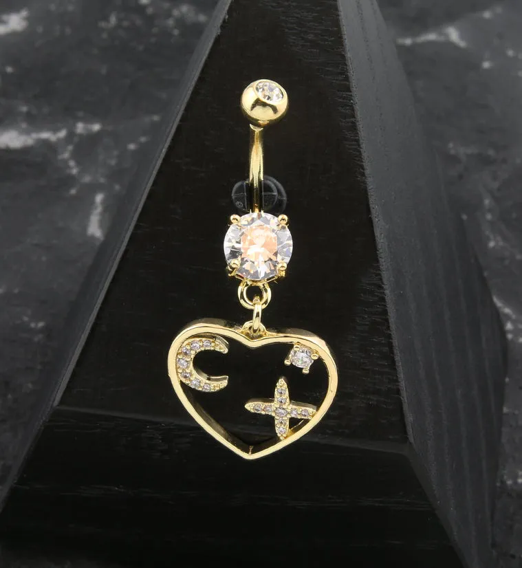 Gold PVD Heart Cutout Crescent Moon and Star CZ Dangle Belly Button Ring