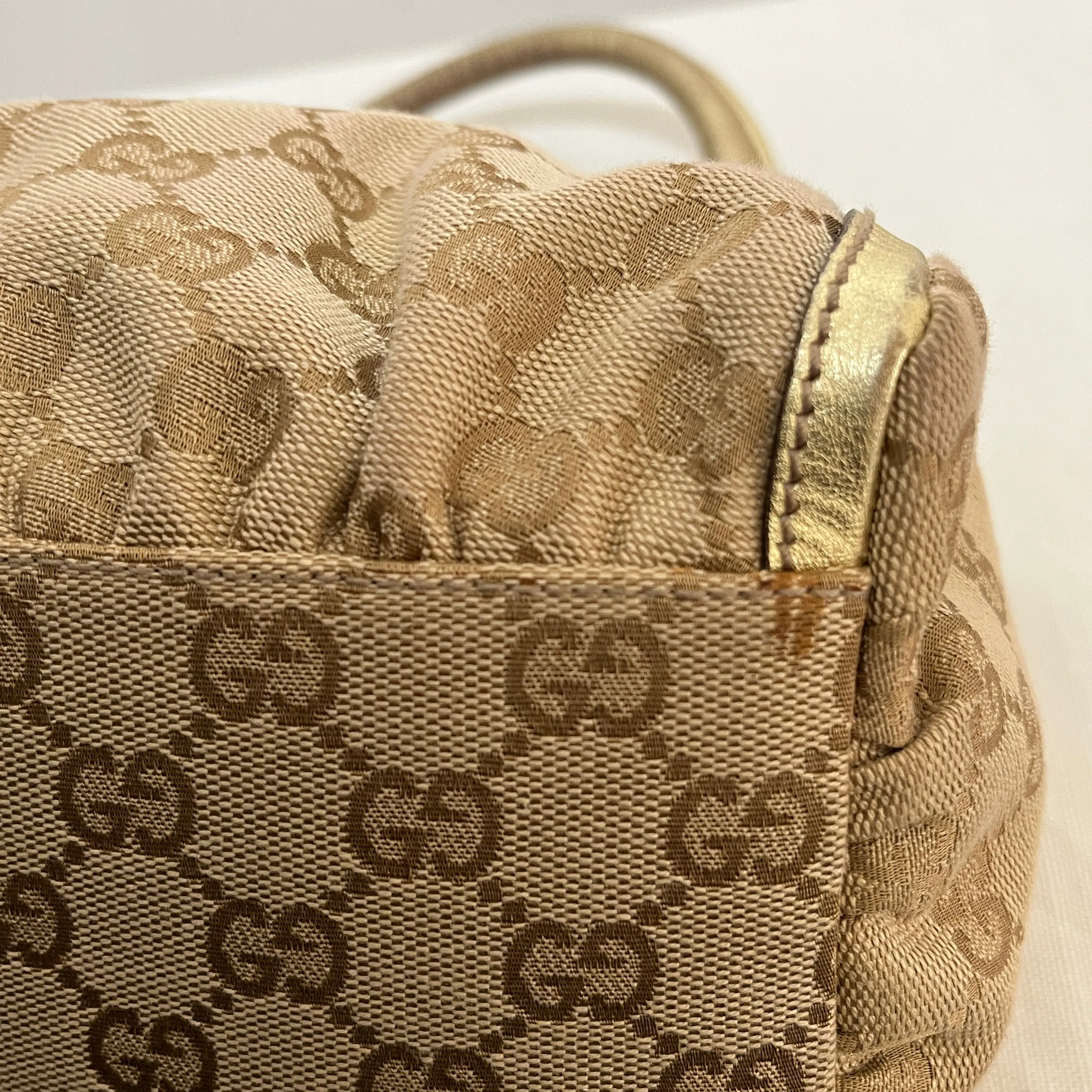 Gucci Gold Beige & Gold GG Canvas & Leather D Ring Hobo Bag | Pre Loved |