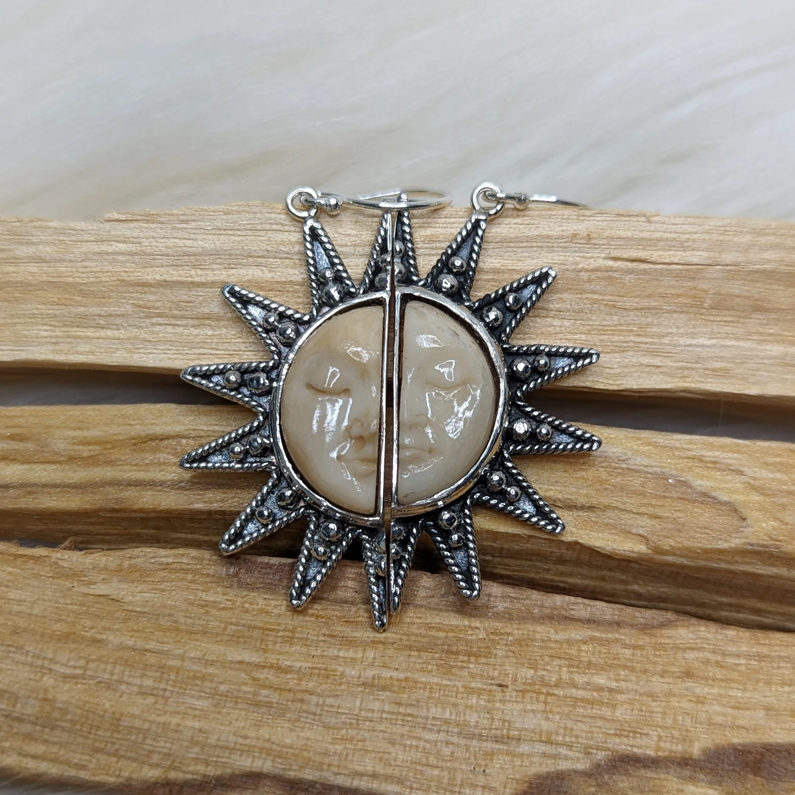 Happy Sun Goddess Face Bone Carving Earrings in Sterling Silver