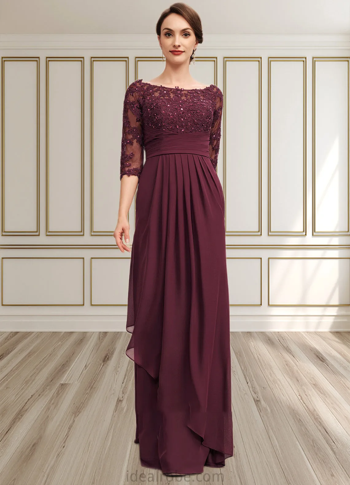 Laura A-Line Off-the-Shoulder Floor-Length Chiffon Lace Mother of the Bride Dress With Beading Sequins Cascading Ruffles STK126P0014700