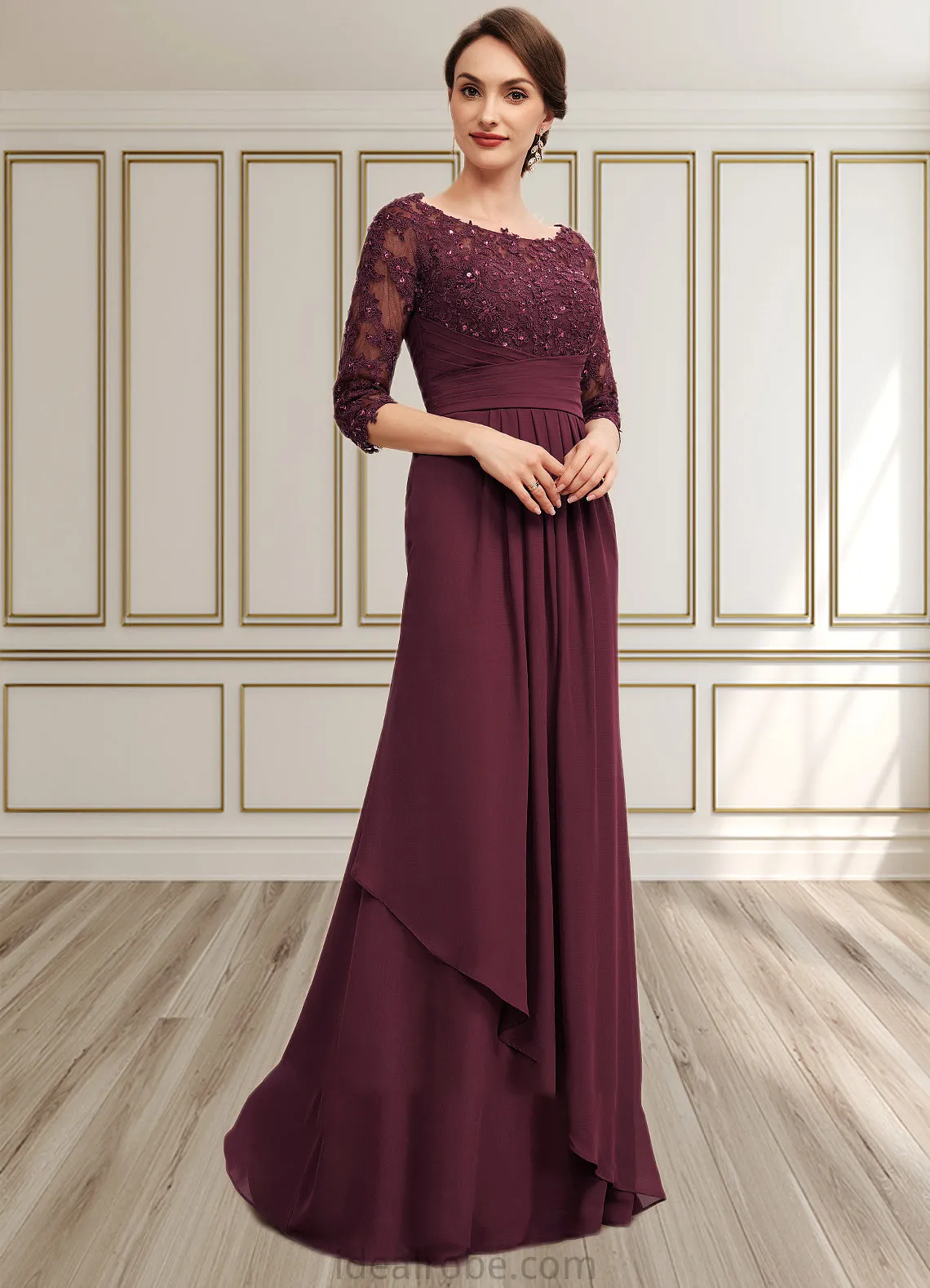 Laura A-Line Off-the-Shoulder Floor-Length Chiffon Lace Mother of the Bride Dress With Beading Sequins Cascading Ruffles STK126P0014700