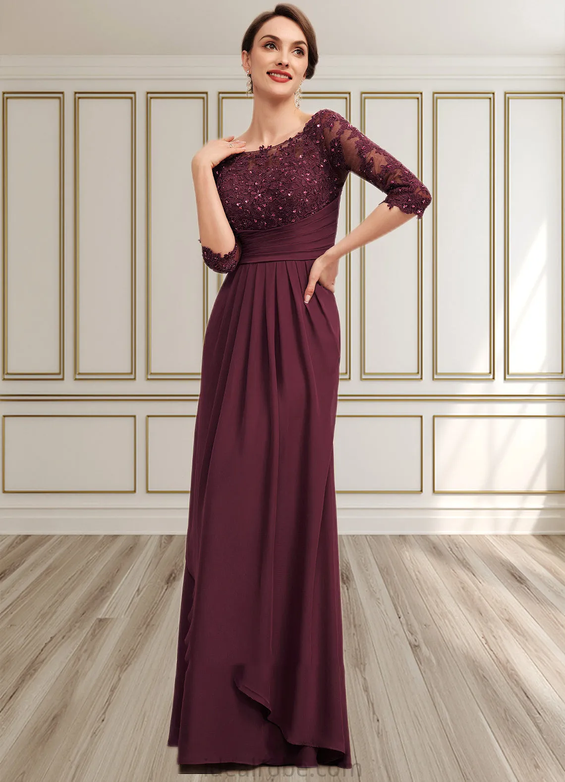 Laura A-Line Off-the-Shoulder Floor-Length Chiffon Lace Mother of the Bride Dress With Beading Sequins Cascading Ruffles STK126P0014700