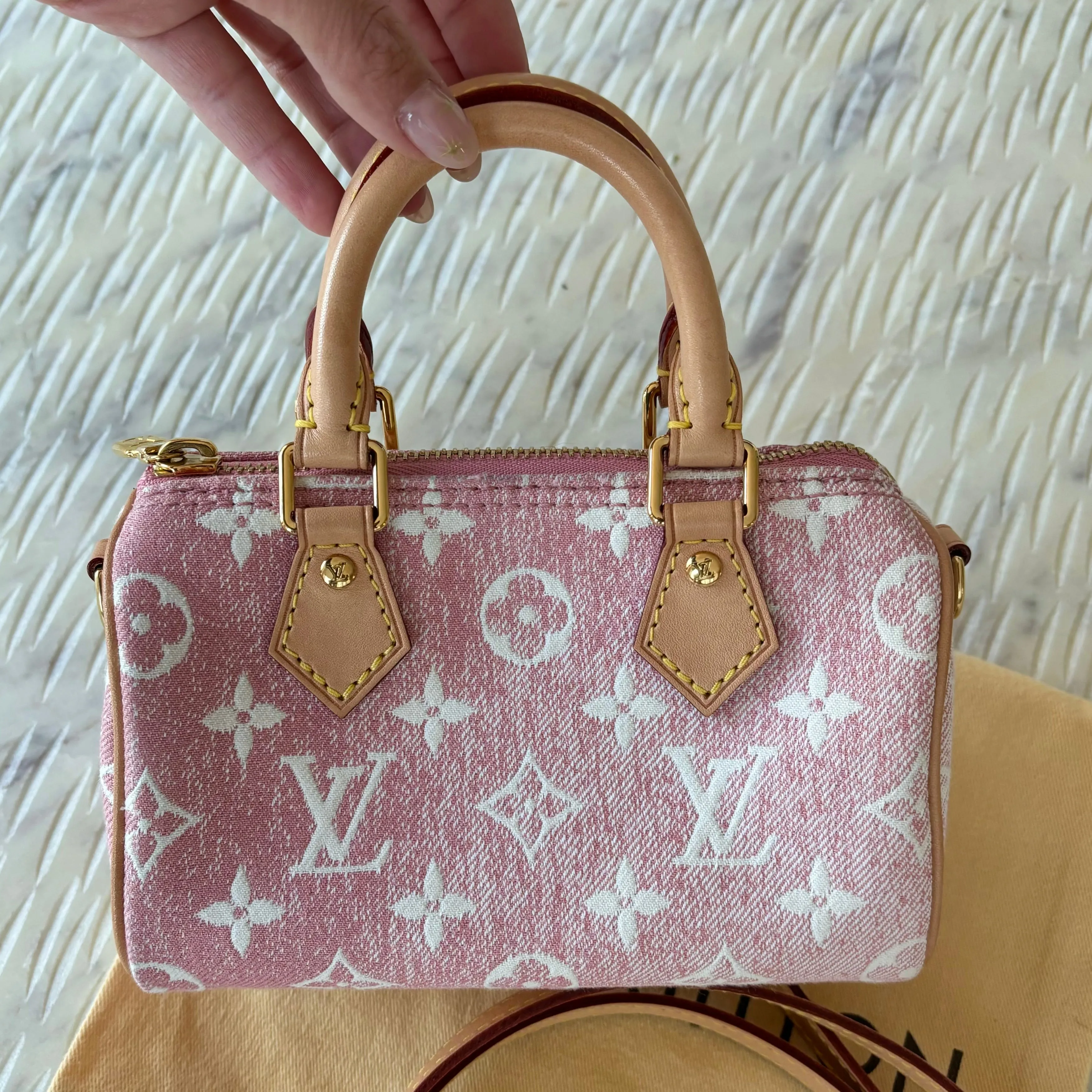 LOUIS VUITTON Pink Denim Monogram Nano Speedy Bag