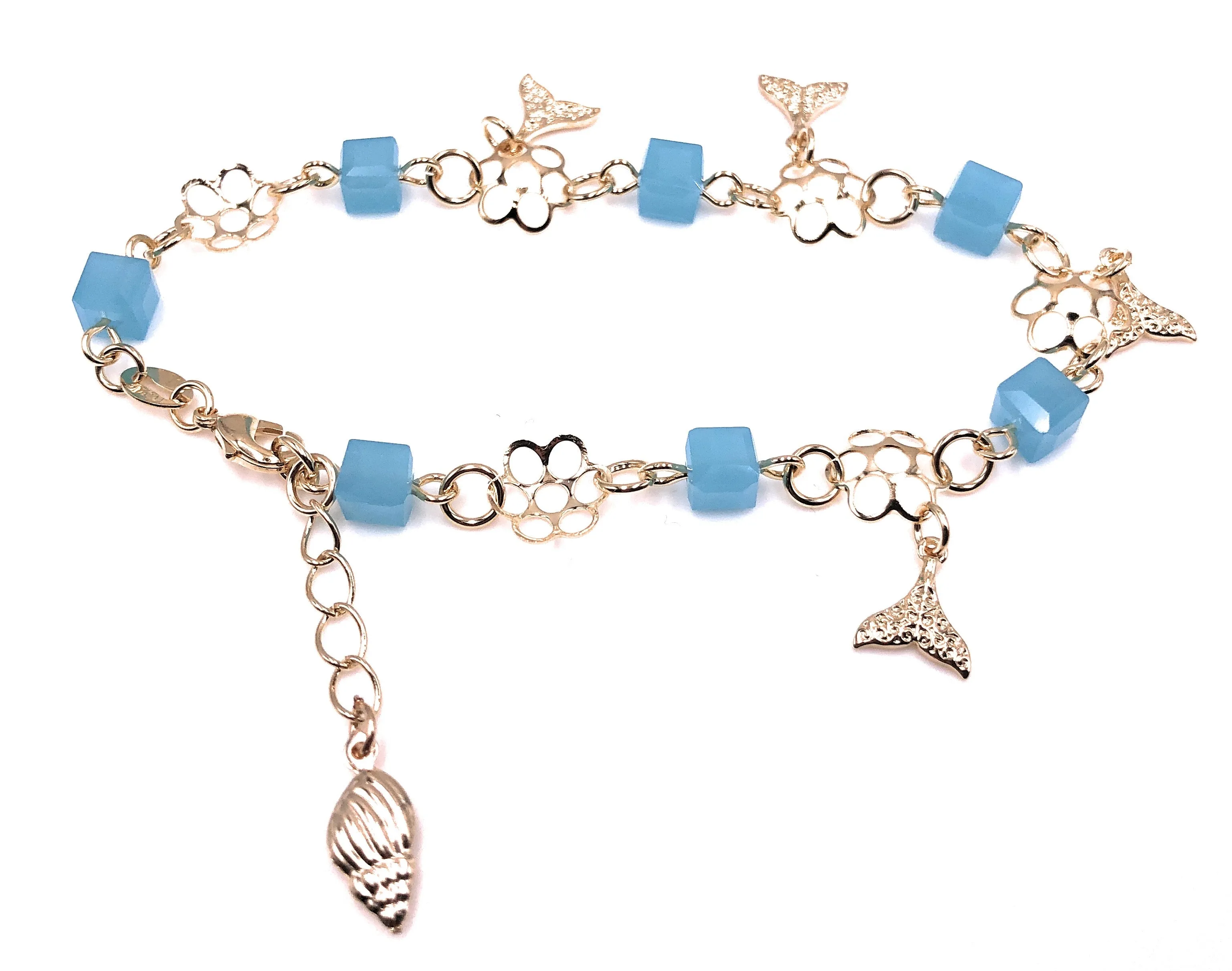 Mermaid Bracelet for Women Square Blue Crystal Adjustable Bracelet Cowrie Charm