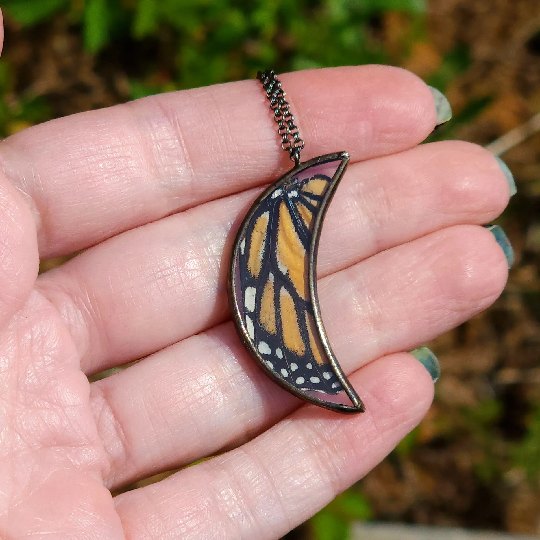 Monarch Butterfly Crescent Moon Necklace