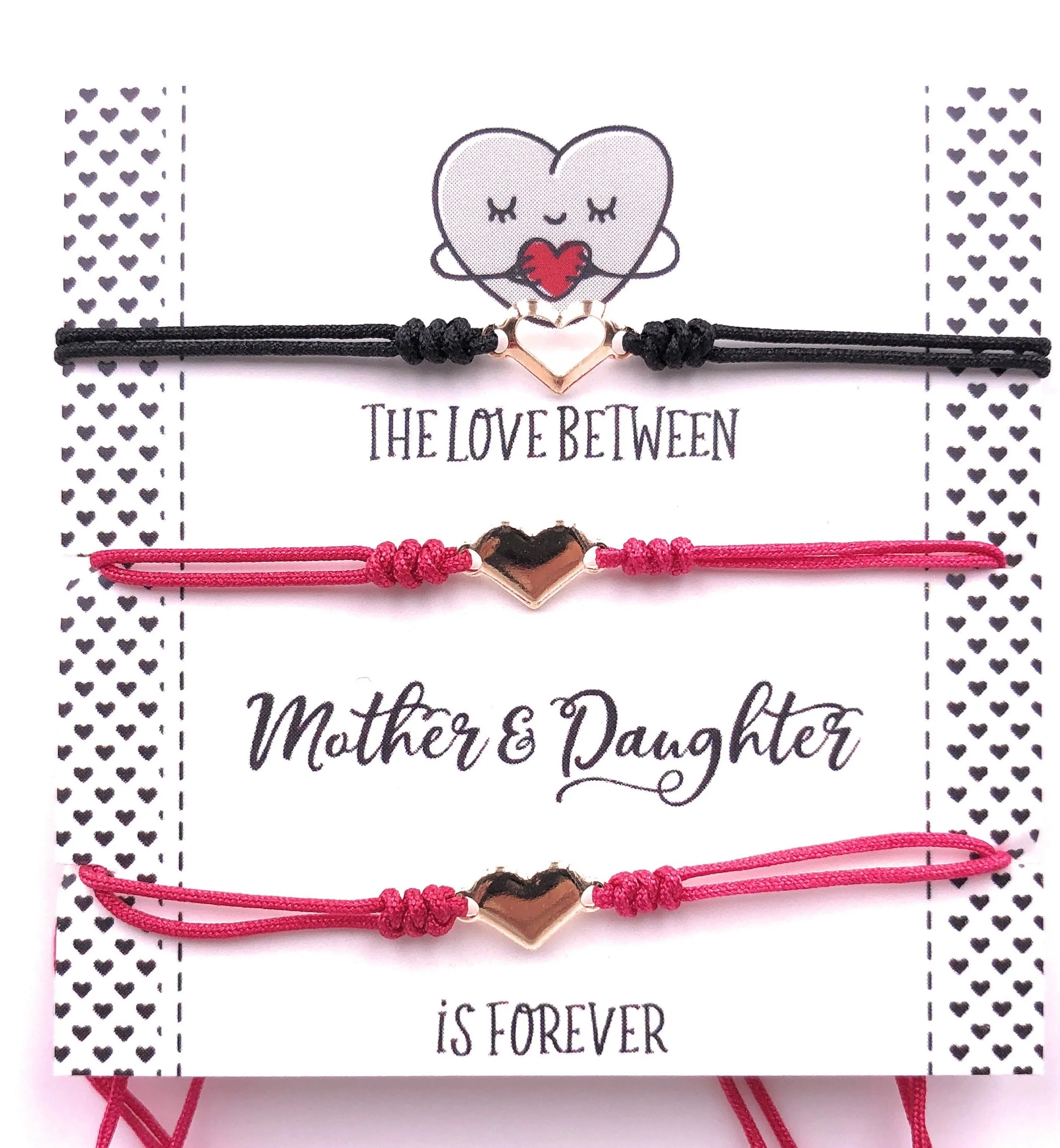 Mother and Daughter Matching Bracelet, Set of 3 Adjustable String Heart Bracelets