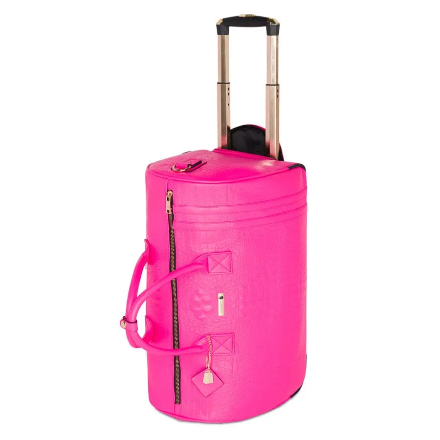 Neon Pink Apollo 2 Faux Crocodile Skin Backpack & Rolling Duffle Bag