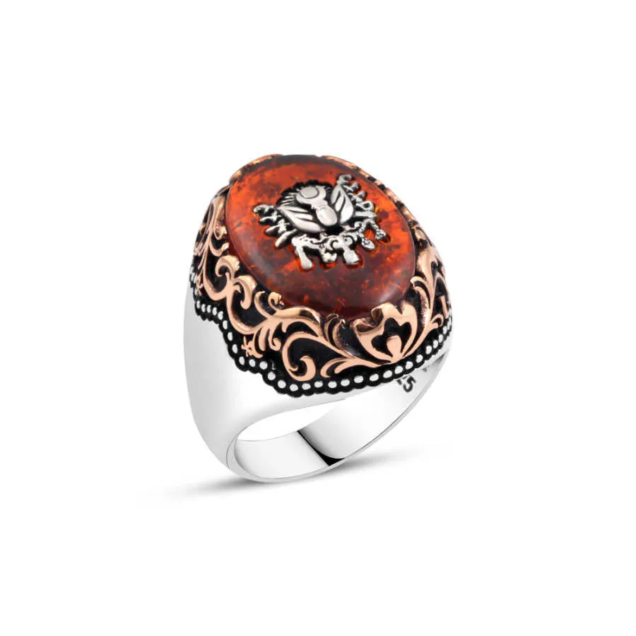 Ottoman Empire Coat of Arms on Red Ellipse Synthetic Amber Stone Silver Men’s Ring with Wavy Top Pattern