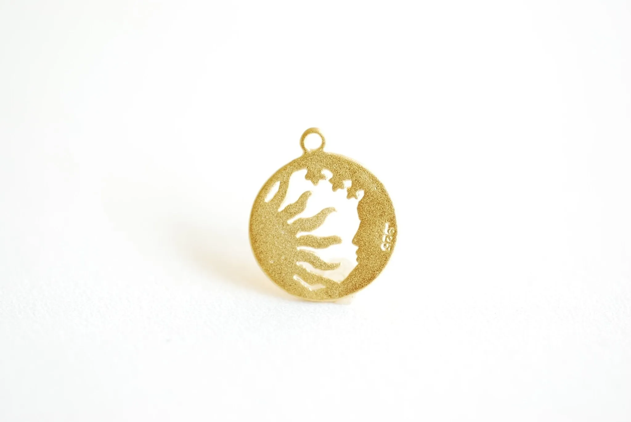 Round Sun Wholesale and Moon Cut out Charm- Vermeil 18k Gold plated 925 Sterling Silver, 15mm, Sunshine Charm, Crescent Moon, Sun ray Charm, 469