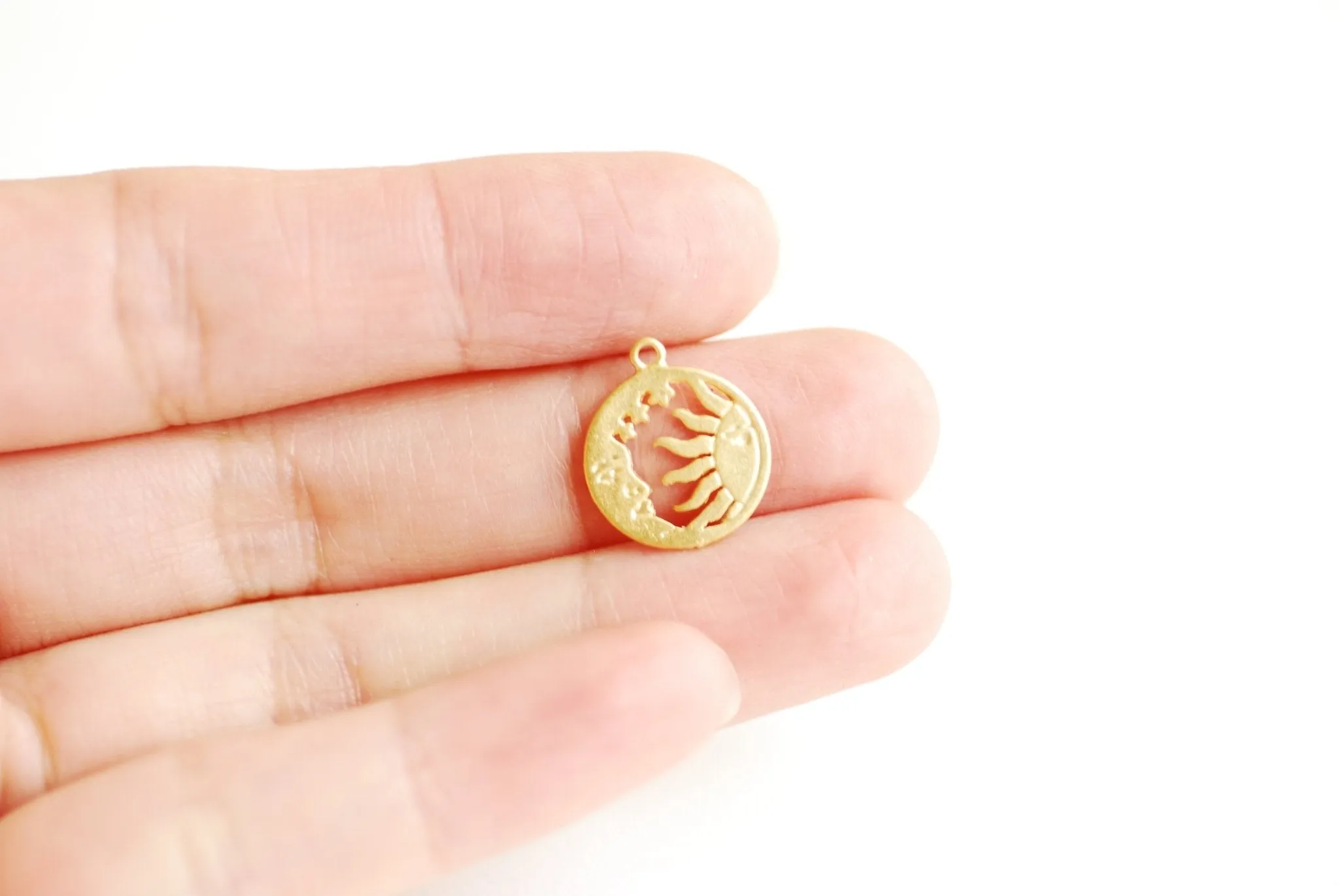 Round Sun Wholesale and Moon Cut out Charm- Vermeil 18k Gold plated 925 Sterling Silver, 15mm, Sunshine Charm, Crescent Moon, Sun ray Charm, 469