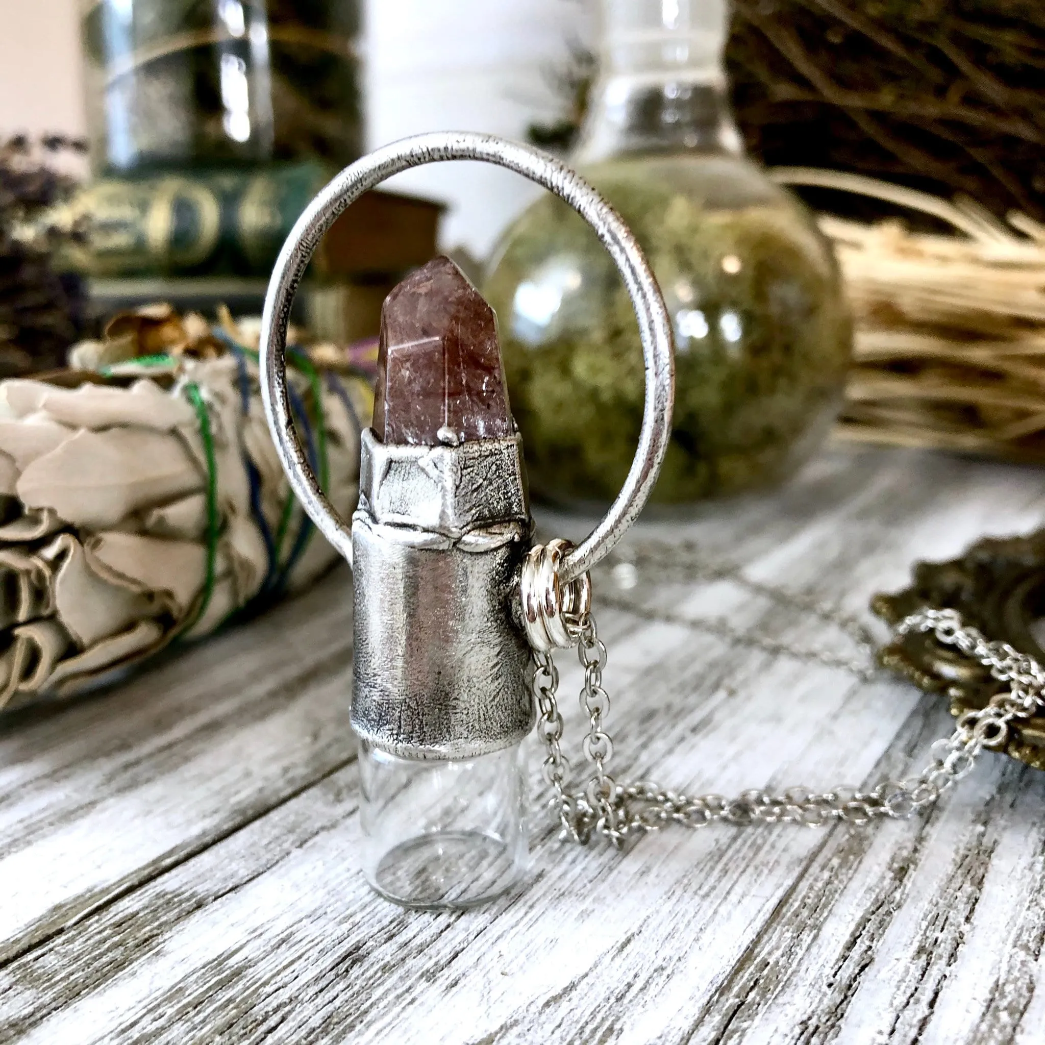 Rutilated Quartz Crystal Essential Oil Rollerball Necklace Pendant in Silver / Foxlark Collection - One of a Kind