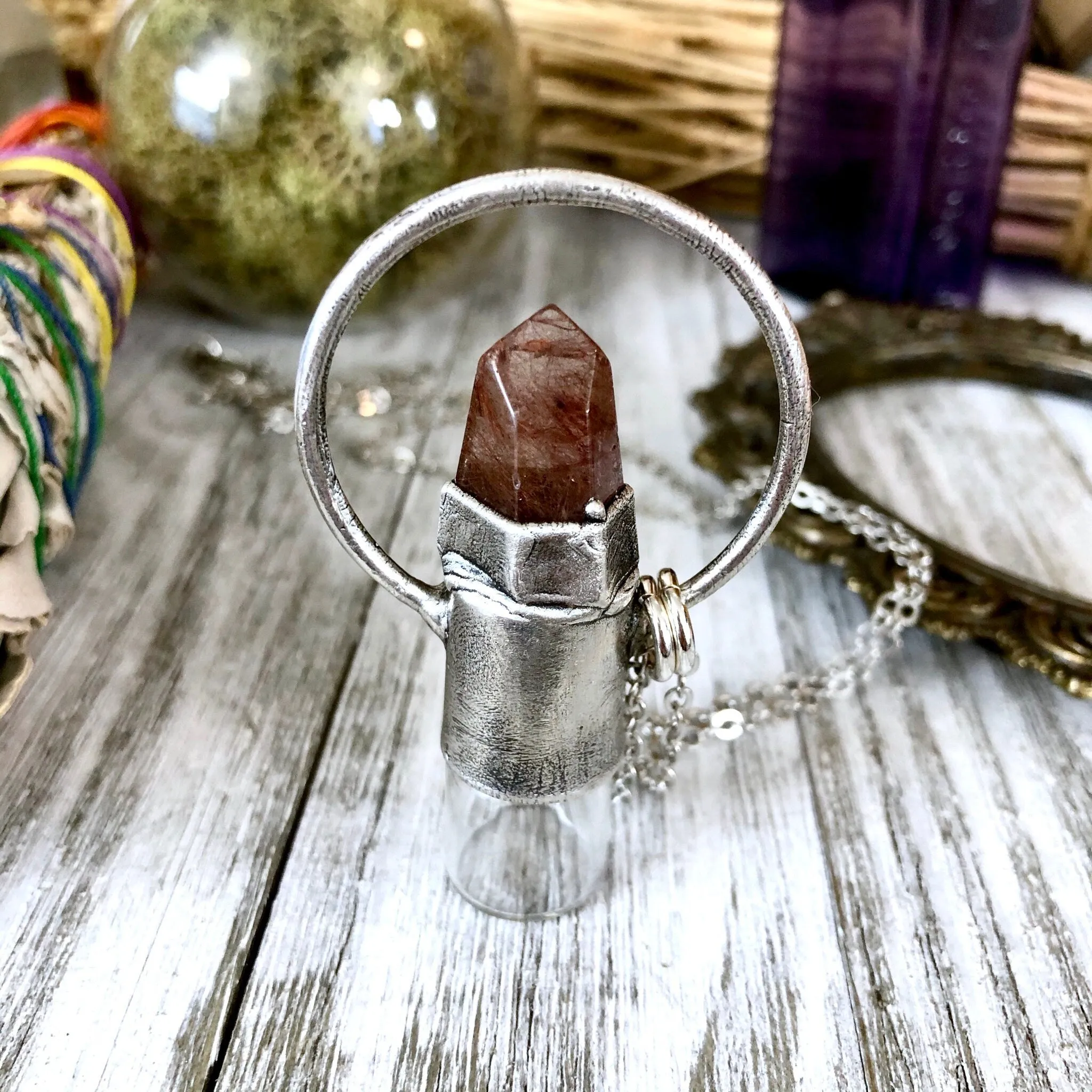 Rutilated Quartz Crystal Essential Oil Rollerball Necklace Pendant in Silver / Foxlark Collection - One of a Kind