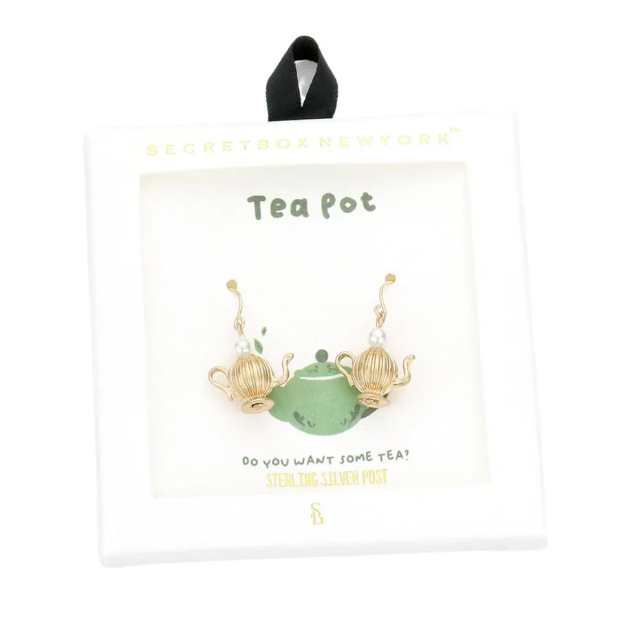 Secret Box Pearl Pointed Metal Tea Pot Dangle Earrings