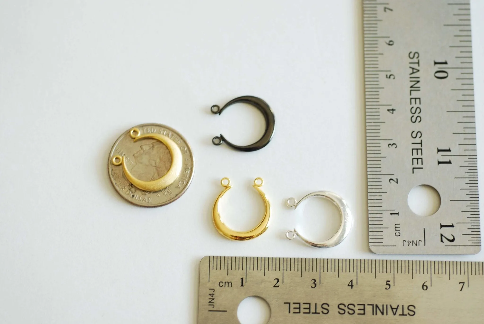 Shiny Gold Wholesale Crescent Moon Connector Charm- Half moon link spacer charm, horizontal 2 holes, curved moon, U Shaped, Gold Moon Charm, Bulk, 364