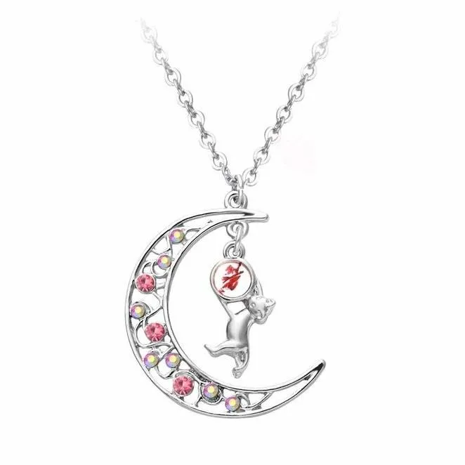 Silver Crystal Crescent Moon Cat Pendant Necklace