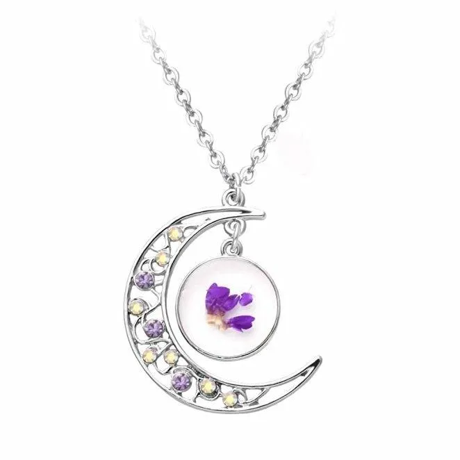 Silver Crystal Crescent Moon Cat Pendant Necklace