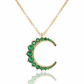 Silver gold plated green pave crescent moon necklace