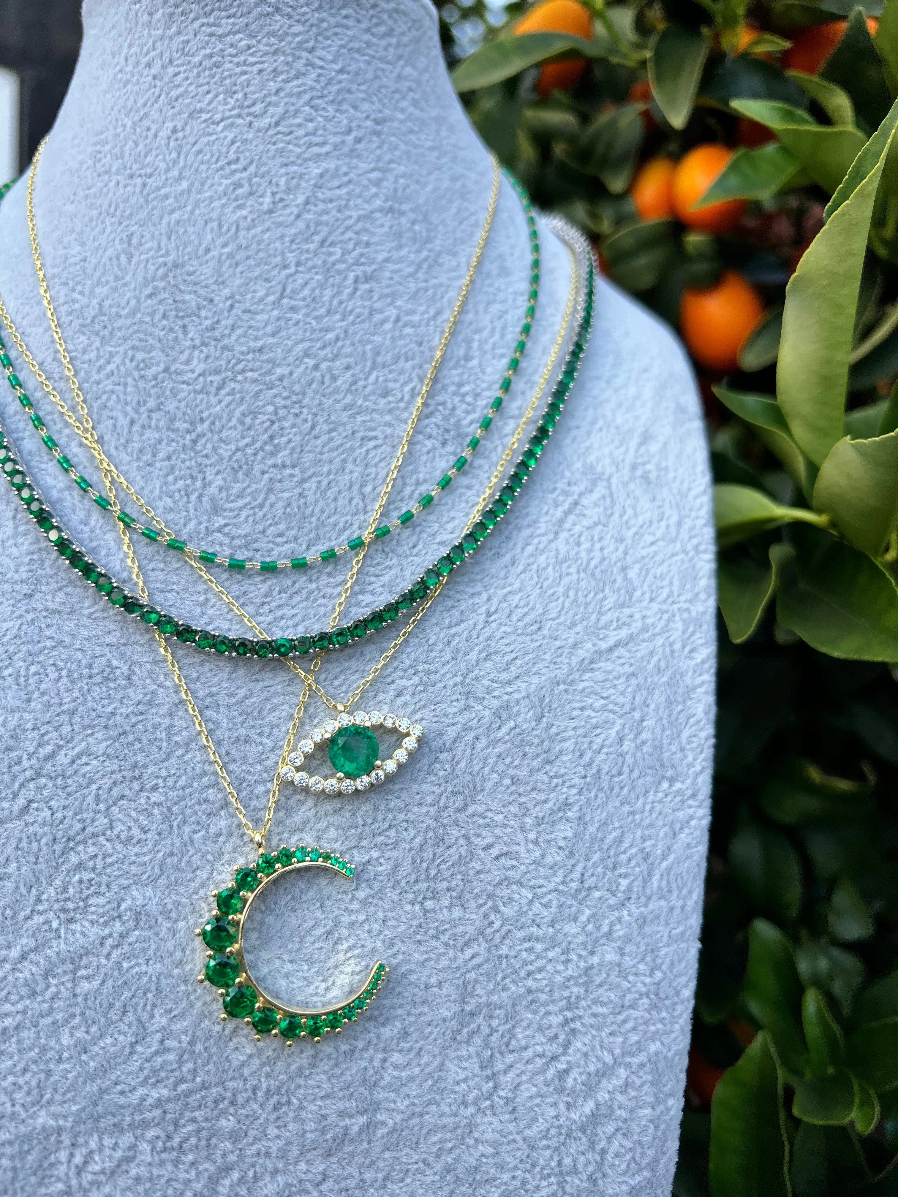 Silver gold plated green pave crescent moon necklace