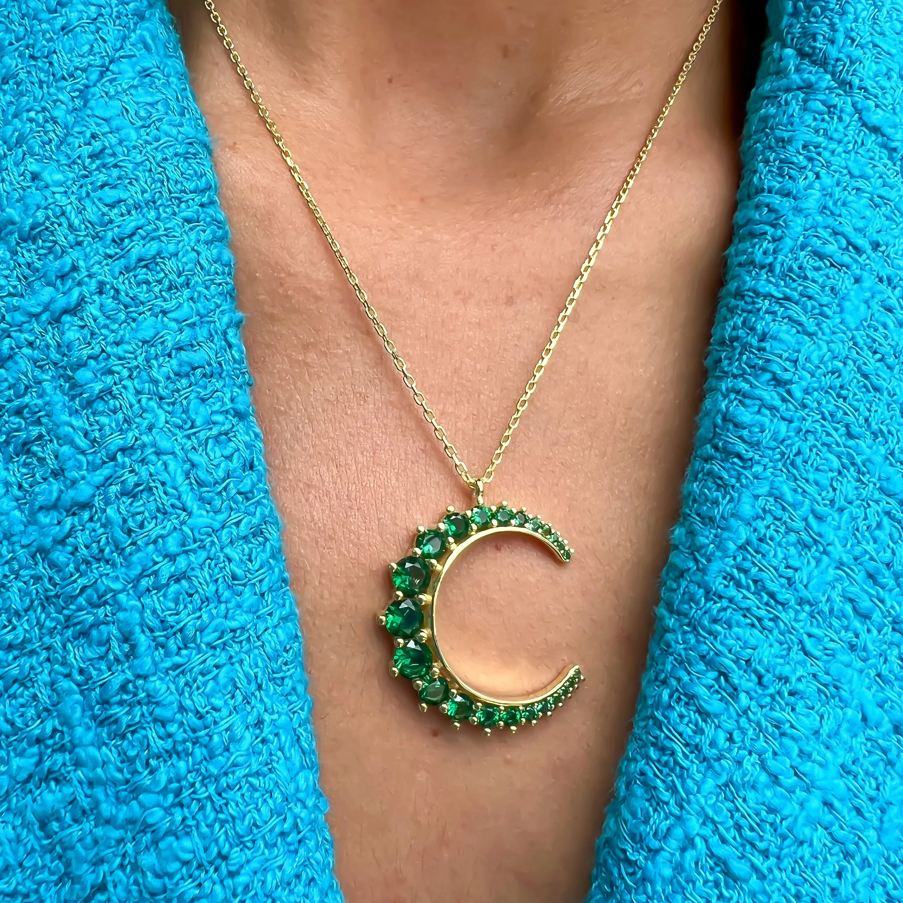 Silver gold plated green pave crescent moon necklace